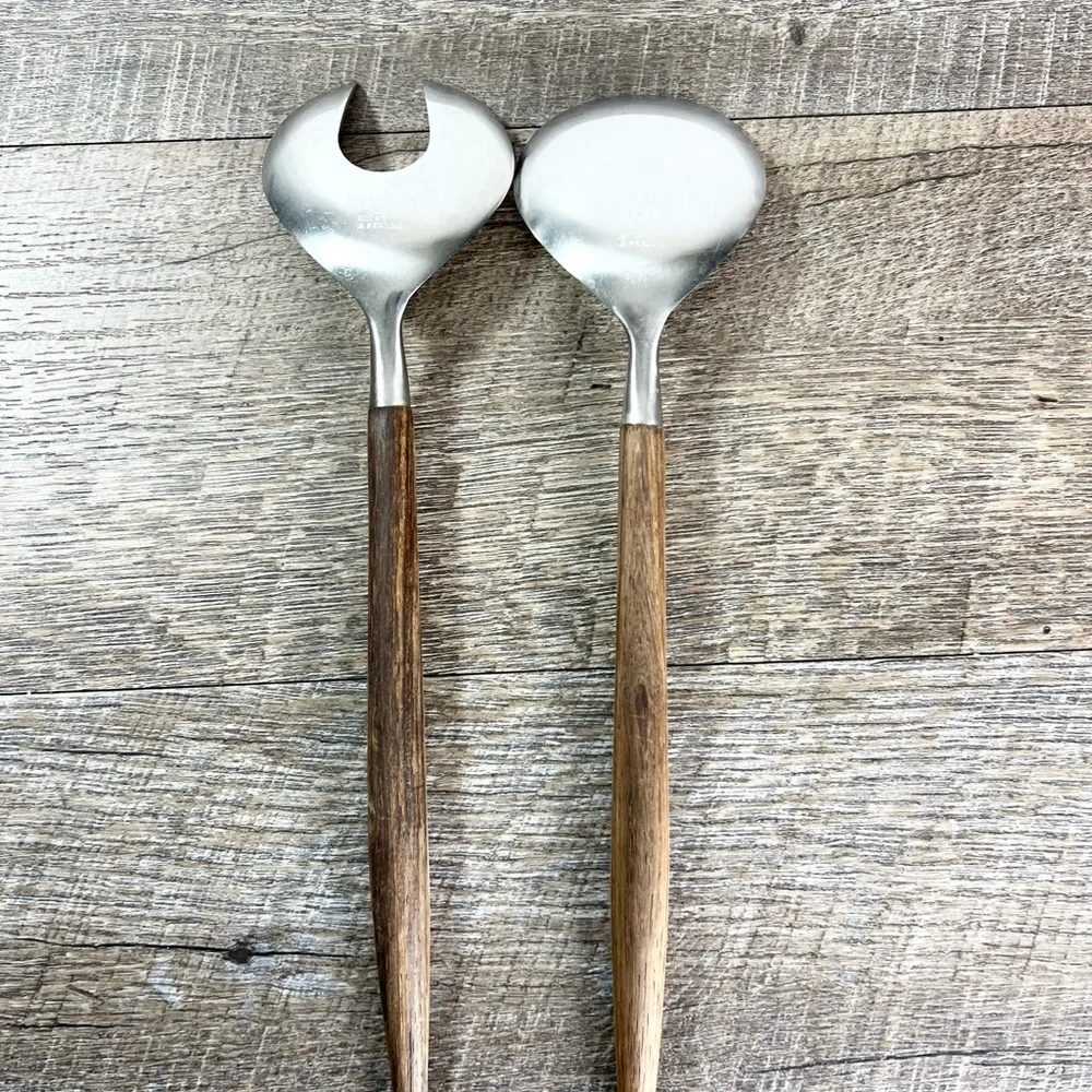 Reed & Barton Viking wood handle Salad Serving MCM mid century Stainless hostess